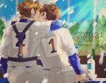 2boys arm_around_neck baseball_uniform belt black_belt blue_sky brown_hair chest_protector commentary_request daiya_no_ace dated french_kiss from_behind goggles kiss layered_sleeves long_sleeves male_focus miyuki_kazuya multiple_boys outdoors pants sa_mon sawamura_eijun short_over_long_sleeves short_sleeves sideburns sitting sky sportswear white_pants yaoi 