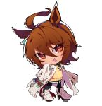  1girl agnes_tachyon_(tach-nology)_(umamusume) agnes_tachyon_(umamusume) ahoge animal_ears black_necktie black_pantyhose blush brown_hair chibi coat cork earrings hair_between_eyes highres horse_ears horse_girl horse_tail jewelry lab_coat long_sleeves necktie open_mouth pantyhose red_eyes saewiam shirt shoes short_necktie simple_background single_earring sleeves_past_fingers sleeves_past_wrists smile solo sweater sweater_vest tail test_tube umamusume white_background white_coat white_shoes wolf_cut yellow_sweater yellow_sweater_vest 