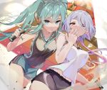  2girls aqua_eyes aqua_hair badminton_racket black_shorts blue_shorts breasts character_request closed_mouth commentary_request copyright_request dust grey_shirt hair_over_one_eye highres holding holding_badminton_racket holding_racket lips long_hair multicolored_hair multiple_girls nagamine_ao navel pink_hair purple_hair racket red_eyes red_pupils shirt short_hair short_hair_with_long_locks shorts shuttlecock sleeveless sleeveless_shirt smile twintails two-tone_hair white_shirt 