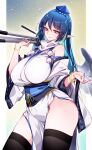 1girl absurdres bare_shoulders black_thighhighs blue_background blue_hat blue_nails blue_sash bracelet breasts closed_mouth commentary_request cowboy_shot earrings eyelashes fingernails gradient_background hair_between_eyes hat highres holding holding_tripod iizunamaru_megumu japanese_clothes jewelry kimono kourindou_tengu_costume large_breasts long_hair long_sleeves looking_at_viewer obi obijime pelvic_curtain pointy_ears pom_pom_(clothes) raptor7 ribbon-trimmed_sleeves ribbon_trim sash sharp_fingernails smile solo thighhighs thighs tokin_hat touhou tripod white_kimono wide_sleeves wings yellow_background 