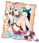  1girl azma_(mitch55) black_ribbon blue_bow blue_necktie blue_overskirt bow braid braided_bangs brown_eyes commentary_request dot_nose full_body grey_hair hair_ribbon hand_up hat hisakawa_nagi idolmaster idolmaster_cinderella_girls knees_up long_hair looking_at_viewer low_twintails mini_hat multicolored_shoes necktie open_hand open_mouth panties panty_peek picture_frame red_shorts red_wrist_cuffs ribbon see-through_clothes see-through_thighhighs shirt shoe_soles short_sleeves shorts solo sparkle suspenders thighhighs twintails two-tone_shoes underwear very_long_hair waist_bow white_shirt wrist_cuffs 