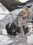  1girl angel black_skirt blonde_hair blue_eyes bow_(weapon) braid breasts chinese_commentary cleavage commentary_request detached_collar feathered_wings flag flower gloves hair_ornament highres holding holding_bow_(weapon) holding_weapon jewelry looking_at_viewer necklace original pearl_necklace poppy_yuu ribbon skirt solo weapon white_flower white_gloves wings 
