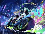  3girls absurdres black_jacket blonde_hair body_markings city_lights commentary cyberpunk:_edgerunners cyberpunk_(series) english_commentary green_hair highres jacket lucy_(cyberpunk) lynae_(wuthering_waves) motor_vehicle motorcycle multiple_girls open_mouth pale_skin rebecca_(cyberpunk) rozenvyr shirt shoes spray_can tacet_mark_(wuthering_waves) thighs twintails white_shirt wuthering_waves 