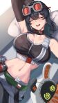  1girl @_@ absurdres bangboo_(zenless_zone_zero) black_gloves black_hair black_sports_bra breasts chinese_commentary closed_eyes commentary_request crop_top drooling elbow_gloves eous_(zenless_zone_zero) gloves goggles goggles_on_head grace_howard hair_between_eyes highres large_breasts long_hair lying navel open_mouth sleeping solo sports_bra sweat tang_ke zenless_zone_zero 