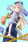  ! 1girl animal_ears arrow_(symbol) ass belt black_belt black_pantyhose blonde_hair blue_background blue_flower blue_shorts bone bulletproof_vest caution_tape colored_inner_hair commentary_request contrast_collar cowboy_shot dog_ears dog_girl dog_tail floppy_ears flower from_behind gloves green_eyes grey_hair happy hat hat_flower holding holding_megaphone light_blush long_sleeves looking_at_viewer looking_back magazine_(weapon) megaphone multicolored_hair nijisanji pantyhose parted_lips peaked_cap poe_(528yuzunon) police police_uniform policewoman puffy_long_sleeves puffy_sleeves ribbon-trimmed_sleeves ribbon_trim road_sign shioriha_ruri shioriha_ruri_(1st_costume) shirt shorts sign smile solo standing stop_sign stun_baton tail teeth thigh_belt thigh_strap three-quarter_sleeves tight_clothes virtual_youtuber warning_sign white_gloves white_hat white_shirt 
