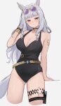  1girl :/ absurdres animal_ears black_one-piece_swimsuit blunt_bangs bracelet breasts casual_one-piece_swimsuit choker cleavage closed_mouth commentary cowboy_shot drill_hair drill_sidelocks english_commentary eyewear_on_head gold_ship_(run!_ruin!_launcher!)_(umamusume) gold_ship_(umamusume) grey_hair hand_up highres holster horse_ears horse_girl horse_tail jewelry large_breasts long_hair looking_at_viewer official_alternate_costume one-piece_swimsuit purple-tinted_eyewear purple_eyes shuuzo3 sidelocks simple_background solo sunglasses swimsuit tail thigh_holster thigh_strap tinted_eyewear umamusume very_long_hair white_background 