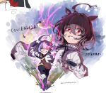  2girls :d agnes_tachyon_(umamusume) agnes_tachyon_(umamusume)_(cosplay) animal_ears black_necktie boots brown_hair coat commentary_request cosplay grin heterochromia highres honkai_(series) honkai_gakuen horse_ears horse_girl lab_coat looking_at_viewer multicolored_hair multiple_girls necktie pink_hair purple_eyes purple_hair red_eyes sharp_teeth short_hair sin_mal sin_mal0909 sin_mal_(cosplay) smile sweater teeth two-tone_hair uesaka_sumire umamusume voice_actor_connection white_boots white_coat yellow_eyes yellow_sweater 