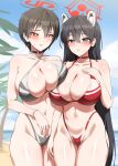  2girls alternate_hair_length_(shorter) animal_ears beach bikini black_bikini black_hair blue_archive blue_eyes blue_sky breast_press breasts cleavage commentary hair_length_switch halo hand_on_own_chest highres huge_breasts long_hair looking_at_viewer multiple_girls navel ocean palm_tree panzaa raccoon_ears raccoon_girl red_bikini red_eyes red_halo rio_(blue_archive) short_hair sky stomach swimsuit thighs tree tsubaki_(blue_archive) very_long_hair 