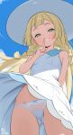  1girl absurdres artist_name ass_visible_through_thighs blonde_hair blush braid commentary_request dress finger_to_mouth green_eyes groin hat highres lace lace_panties lillie_(pokemon) long_hair looking_at_viewer moai_t naughty_face panties pokemon pokemon_sun_and_moon shushing sleeveless sleeveless_dress smile sun_hat twin_braids underwear white_dress white_hat white_panties wind wind_lift 