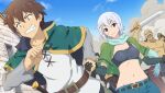  1girl anime_coloring bald belt belt_buckle black_belt black_gloves black_pants black_shirt blue_scarf blue_shorts blue_sky breasts brown_belt brown_hair buckle cape capelet chris_(konosuba) clenched_hand clenched_teeth closed_mouth cloud constricted_pupils crop_top day denim denim_shorts dutch_angle elbow_gloves game_asset gloves gloves_over_elbow_gloves green_cape green_capelet green_eyes grey_hair hand_grab hands_up highres holding holding_sword holding_weapon kono_subarashii_sekai_ni_shukufuku_wo! kono_subarashii_sekai_ni_shukufuku_wo!_kono_yokubukai_game_ni_shinpan_o! looking_ahead midriff multiple_boys navel non-web_source official_art outdoors pants purple_eyes running satou_kazuma scar scar_on_cheek scar_on_face scarf self-datamine sheath sheathed shirt short_hair shorts side_ahoge sky smile smoke standing sword teeth upper_body v-shaped_eyebrows weapon white_shirt 