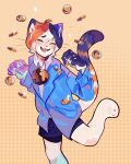  1boy animal_ears animal_feet bell blue_jacket calico_(pattern) calico_cat cat_boy cat_ears cat_tail closed_eyes coin collared_shirt dotted_background furry furry_male happy highres jacket leg_lift leg_up male_focus molokomyau open_mouth orange_background orange_hair original shirt short_hair solo tail teeth tongue 