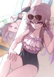  2girls absurdres alternate_costume black_one-piece_swimsuit breasts brown_hair commentary covered_navel doll_joints eyewear_on_head frilled_one-piece_swimsuit frills hand_on_own_thigh hands_on_own_stomach herta_(honkai:_star_rail) herta_(puppet)_(honkai:_star_rail) highres honkai:_star_rail honkai_(series) joints long_hair looking_at_viewer multiple_girls one-piece_swimsuit purple_eyes reclining sanghanchokko small_breasts sunglasses swimsuit upside-down 