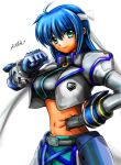  1girl absurdres ahoge artist_name ataruto_iteezo belt black_belt blue_hair clenched_hand closed_mouth commentary_request crop_top cropped_jacket fingerless_gloves floating_ribbon gauntlets gloves green_eyes hair_ribbon hand_on_own_hip headband high_collar highres jacket juliet_sleeves long_sleeves looking_at_viewer lyrical_nanoha mahou_shoujo_lyrical_nanoha_strikers midriff multiple_girls navel open_clothes open_jacket puffy_sleeves ribbon short_hair sidelocks signature simple_background single_fingerless_glove single_gauntlet smile solo subaru_nakajima tassets tomboy upper_body waist_cape white_background white_headband white_jacket white_ribbon 