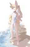  1girl animal_ear_fluff animal_ears barefoot beach blonde_hair blue_archive breasts clothing_cutout commentary_request covered_navel cross_halo diamond_cutout fox_ears fox_girl fox_tail full_body halo highleg highleg_one-piece_swimsuit highres jacket long_hair official_alternate_costume official_alternate_hairstyle one-piece_swimsuit orange-tinted_eyewear orange_eyes seia_(blue_archive) seia_(swimsuit)_(blue_archive) side_ponytail simple_background sleeves_past_fingers sleeves_past_wrists small_breasts solo sunglasses swimsuit tail tinted_eyewear visor_cap water waves white_background white_one-piece_swimsuit yellow_halo yellow_jacket yellow_visor_cap yomogimushi 