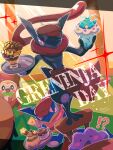  !? 1other alternate_color apron buneary chair character-themed_food character_name commentary_request ditto full_body greninja hat highres holding holding_tray pokemon pokemon_(creature) pokemon_cafe_remix red_apron red_eyes red_hat rowlet runachikku shiny_pokemon sparkle swablu tray waist_apron 