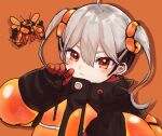  1girl ahoge blush buzzwole closed_mouth commentary double-parted_bangs drawstring drop_shadow frown gloves grey_hair hair_between_eyes hand_up jacket long_hair long_sleeves necoyu_(yuyudomino) orange_background orange_eyes pokemon pokemon_(creature) red_gloves simple_background sleeves_past_wrists thick_eyebrows twintails upper_body v-shaped_eyebrows yellow_jacket 