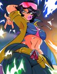  1girl arms_behind_head artist_name black_hair blowing_bubble_gum breasts chewing_gum coat commentary english_commentary eyewear_on_head hair_between_eyes highres jubilee looking_at_viewer marvel marvel_rivals medium_breasts midriff navel pants pink-tinted_eyewear reediculous_art short_hair solo stomach superhero_costume tinted_eyewear x-men yellow_coat yellow_eyes 