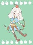  1girl apple apple_on_head archer_(ragnarok_online) arrow_(projectile) arrow_through_apple black_thighhighs blue_dress boots bow_(weapon) brown_boots brown_gloves closed_mouth commentary_request dress flat_color food food_on_head fruit fruit_on_head full_body gloves green_background grey_hair holding holding_bow_(weapon) holding_weapon long_hair looking_at_viewer muneate object_on_head ragnarok_online sesame_(pixiv53322) short_sleeves simple_background smile solid_circle_eyes solo thighhighs weapon 