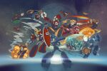  1girl 6+boys absolutely_everyone air_man android arm_cannon bat_(animal) bat_wings batton_(mega_man) bib_collar blue_helmet bubble bubble_man circular_saw commentary crash_man dog drill_hand electric_fan english_commentary everyone flash_man green_ribbon heat_man helmet highres holding_saw ld_walker leaf mega_man_(character) mega_man_(classic) mega_man_(series) mega_man_2 met_(mega_man) metal_man multiple_boys proto_man quick_man ribbon robot robot_boy roll_(mega_man) rush_(mega_man) saw saw_blade telly_(mega_man) tornado weapon wily_ufo_(mega_man) wings wood_man 