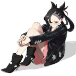 1girl black_hair black_jacket boots dress expressionless full_body green_eyes hugging_own_legs jacket long_hair marnie_(pokemon) pink_dress pokemon pokemon_sword_and_shield pumpkinspicelatte sitting sketch solo 