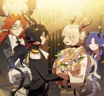  1girl 3boys :d animal_ears antlers arknights ascot belt black_ascot black_belt black_gloves black_hair black_horns black_jacket black_necktie black_shirt black_suit blurry blurry_background blush bouquet clapping closed_eyes closed_mouth commentary_request confetti cowboy_shot czerny_(arknights) deer_antlers deer_boy deer_ears demon_horns ebenholz_(arknights) epaulettes flower from_side giving_flower gloves goat_boy goat_ears goat_horns goat_tail green_eyes grey_vest hair_between_eyes hair_ribbon happy_tears hibiscus_(arknights) hibiscus_the_purifier_(arknights) holding holding_bouquet horns indoors jacket korean_commentary kreide_(arknights) lapels long_hair long_sleeves looking_at_another low_ponytail mole mole_under_mouth monocle multiple_boys necktie notched_lapels orange_hair pants parted_bangs pink_flower pink_rose pointy_ears ponytail pq profile purple_eyes purple_flower purple_hair purple_vest red_ribbon ribbon rose shirt smile spiral_horn suit suit_jacket tail tearing_up tears vest white_ascot white_flower white_hair white_jacket white_pants white_shirt white_suit yellow_flower 