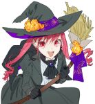  1girl ascot ayasaki_remi black_gloves broom earrings gloves hagiwara_daisuke halloween_costume hat holding holding_broom hori-san_to_miyamura-kun jewelry long_hair long_sleeves looking_at_viewer open_mouth pink_eyes pink_hair solo twintails witch witch_hat 