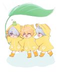  3boys absurdres aged_down alternate_costume animal_ears animal_on_head antenna_hair blonde_hair boots child closed_eyes coat commentary dog_ears dog_tail eliice131 empty_eyes fang frog from_side full_body grey_hair hair_between_eyes hair_over_one_eye happy hat highres holding holding_leaf honkai:_star_rail honkai_(series) hood hooded_coat kemonomimi_mode leaf leaf_umbrella long_hair_between_eyes long_sleeves looking_to_the_side male_focus multiple_boys multiple_persona on_head open_mouth orange_boots phainon_(flame_reaver)_(honkai:_star_rail) phainon_(honkai:_star_rail) phainon_(khaslana)_(honkai:_star_rail) pink_pupils pocket purple_eyes rain rubber_boots shadow short_hair simple_background smile standing tail v-shaped_eyebrows white_background wide_sleeves yellow_coat yellow_hat 