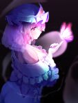  1girl absurdres ass blue_hat blue_kimono breasts bug butterfly cleavage closed_mouth commentary frilled_kimono frilled_sleeves frills glowing_butterfly hat highres japanese_clothes kimono large_breasts long_sleeves looking_at_animal medium_hair mob_cap off_shoulder pink_butterfly pink_eyes pink_hair ribbon-trimmed_sleeves ribbon_trim saigyouji_yuyuko smile solo suwa_(au_swap) touhou triangular_headpiece veil wide_sleeves 
