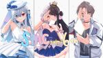  1boy 2girls :d absurdres ahoge anniversary arm_up armpit_crease bare_shoulders black_hair blue_dress blue_flower blue_ribbon blue_rose blush braid breasts brown_eyes brown_hair card choker cleavage closed_mouth column_lineup commentary_request crown curtained_hair detached_collar double_bun dress flower frilled_arm_strap gloves gold_crown grey_choker grey_hair grey_shirt grin group_name hair_bun hair_over_one_eye hair_ribbon hakase_fuyuki hakase_fuyuki_(9th_costume) hand_up hat hat_feather hat_flower highres jacket jewelry kagami_hayato kagami_hayato_(8th_costume) large_breasts long_hair long_sleeves looking_at_viewer mini_crown multicolored_hair multiple_girls nail_polish nijisanji ok_sign ok_sign_over_eye open_clothes open_jacket open_mouth pink_hair pink_nails pleated_dress purple_eyes red_eyes ribbon ring rose shirt short_dress short_hair simple_background single_side_bun smc-gumi_(nijisanji) smile split-color_hair strapless strapless_dress streaked_hair thumb_ring very_long_hair virtual_youtuber white_background white_dress white_gloves white_hat white_jacket wrist_straps yayoi_asuka yorumi_rena yorumi_rena_(13th_costume) 