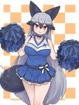  1girl animal_ears aramaru bare_shoulders blush breasts cheering cheerleader cleavage commentary_request extra_ears fox_ears fox_tail grey_hair hair_between_eyes highres holding holding_pom_poms japari_symbol kemono_friends kemono_friends_3 large_breasts long_hair looking_at_viewer miniskirt multicolored_hair open_mouth pleated_skirt pom_pom_(cheerleading) silver_fox_(kemono_friends) skirt sleeveless smile solo tail 