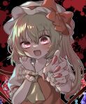  1girl absurdres ascot blonde_hair blood blood_splatter blush bow claw_pose collared_shirt commentary_request crystal crystal_wings fang fingernails flandre_scarlet frilled_shirt_collar frilled_wrist_cuffs frills hat hat_bow hayu_(hayu_e) highres long_fingernails looking_at_viewer mob_cap multicolored_wings one_side_up open_mouth red_bow red_eyes red_nails red_vest red_wrist_cuffs sharp_fingernails shirt skin_fang smile solo touhou upper_body vest white_hat white_shirt wings wrist_cuffs yellow_ascot 