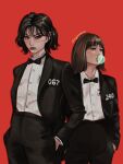  2girls black_hair blunt_bangs bow bowtie brown_hair chewing_gum commentary cowboy_shot english_commentary hands_in_pockets highres ji-yeong kang_sae-byeok looking_at_viewer multiple_girls red_background short_hair simple_background squid_game tuxedo zu_yuan_cesar 