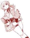  1girl aglio belt belt_buckle black_belt breasts buckle clothes_lift commentary_request dutch_angle fatal_frame fatal_frame:_maiden_of_black_water foot_out_of_frame from_below greyscale kneehighs kozukata_yuuri leg_up long_hair looking_at_viewer looking_down medium_breasts midriff_peek monochrome parted_lips partially_unbuttoned pouch ribbon shirt_lift shorts socks standing standing_on_one_leg thigh_belt thigh_pouch thigh_strap 