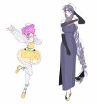  2girls :d ;d absurdly_long_hair absurdres ahoge amemura_ramuda arm_up armpit_crease back_bow black_gloves black_shoes blue_eyes blue_ribbon bow breasts bright_pupils choppy_bangs cleavage clenched_hand cocktail_dress collarbone cowlick detached_sleeves double_bun dress earrings elbow_gloves evening_gown eyelashes flat_chest frilled_dress frills full_body fully_genderswapped_group genderswap genderswap_(mtf) gloves green_bow green_ribbon hair_between_eyes hair_bun hand_on_own_head hand_up heart heart_in_mouth highres hypnosis_mic jewelry jinguji_jakurai lace-trimmed_gloves lace_trim large_breasts leg_ribbon light_smile long_hair looking_at_viewer mary_janes mature_eyes mature_female multicolored_eyes multicolored_hair multicolored_shoes multiple_girls myamkk72 necklace one_eye_closed parted_bangs pearl_necklace petticoat pink_eyes pink_hair purple_dress purple_hair raised_eyebrows red_shoes ribbon ring see-through_clothes see-through_sleeves shoes side_slit sidelocks simple_background sleeveless sleeveless_dress smile standing standing_on_one_leg straight-on streaked_hair thighhighs two-tone_dress two-tone_eyes two-tone_shoes very_long_hair w waist_ribbon white_background white_pupils white_streaks white_thighhighs yellow_dress yellow_shoes 