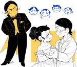  alternate_costume arms_behind_back black_pants bow bowtie chagatai_(tenmaku_no_jaadugar) chignon coattails commentary_request doodle_inset dress ear_piercing formal_clothes gmow highres holding_hands jochi_(tenmaku_no_jaadugar) ogedei_(tenmaku_no_jaadugar) pants piercing pocket_square shorghaghtani_(tenmaku_no_jaadugar) signature tailcoat tenmaku_no_jaadugar tolui_(tenmaku_no_jaadugar) wedding_dress 
