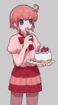  1girl blue_eyes blush blush_stickers cake commentary_request eating food fork highres holding holding_cake holding_food humanization kanafumi_(spindle) kirby kirby_(series) looking_at_viewer personification short_hair simple_background solo star_(symbol) white_background 