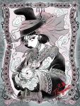  1girl aoringo_338 beads boqta border character_name cloud commentary_request deel dress english_text floral_print floral_print_dress from_side fur-trimmed_dress fur_trim hair_beads hair_ornament hat hat_ribbon headdress highres jewelry looking_at_viewer mongolian_clothes ornate_border print_dress purple_theme ribbon sidelocks solo tenmaku_no_jaadugar toregene_(tenmaku_no_jaadugar) veil 