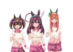  3girls absurdres ahoge animal_ears blue_eyes blunt_bangs blush bow breasts brown_eyes brown_hair closed_mouth collarbone commentary_request ear_covers floral_print_shorts gaze_on_me!_outfit_(umamusume) green_eyes grey_hairband hair_between_eyes hair_bow hair_ornament hairband highres hime_cut horse_ears horse_girl horse_tail large_breasts long_hair looking_at_viewer male_swimwear medium_breasts medium_hair midriff mihono_bourbon_(umamusume) multiple_girls multiple_hair_bows navel nigekiri_sisters_(umamusume) open_mouth orange_hair orange_tail pink_bow pink_shorts pink_sports_bra print_shorts purple_bow scrunchie shinonome_halltro shirt shorts silence_suzuka_(umamusume) silver_hairband small_breasts smart_falcon_(umamusume) smile sports_bra swim_trunks tail tied_shirt twintails umamusume white_hairband white_shirt wrist_scrunchie wristband yellow_bow 