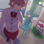  2girls @_@ abandoned arrow_(symbol) blue_coat blue_eyes blue_hat blue_shoes bow bowtie cardigan coat collared_shirt colored_inner_hair commentary_request drooling elfilin fake_text foreshortening grass hair_intakes hair_ribbon hat highres hungry in-universe_location indoors kanafumi_(spindle) kirby kirby_(series) kirby_and_the_forgotten_land long_hair looking_at_another mall mary_janes multicolored_hair multiple_girls open_mouth overgrown pantyhose personification pink_cardigan pink_hair pink_ribbon plant pleated_skirt pointing pointy_ears red_bow red_bowtie red_shoes red_skirt ribbon shirt shoes short_hair sign skirt sneakers standing star_(symbol) sweatdrop tile_floor tiles translated vines walking white_pantyhose white_shirt 