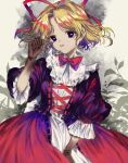  1girl alternate_costume ama_asagi black_shirt blonde_hair blue_eyes bow breasts commentary_request doll_joints frilled_shirt_collar frilled_sleeves frills gothic_lolita joints lolita_fashion medicine_melancholy medium_breasts puffy_short_sleeves puffy_sleeves red_bow red_ribbon red_skirt ribbon shirt short_hair short_sleeves skirt touhou 