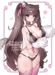  1girl animal_ears animal_hands bare_shoulders bell bikini black_bikini blue_eyes breasts brown_hair bunbbyart cat_ears cat_girl cat_tail choker claws cleavage commentary english_commentary gloves goddess_of_victory:_nikke hair_ribbon heart heterochromia highres large_breasts long_hair multicolored_bikini navel neck_bell nero_(nikke) paw_gloves pink_choker pink_eyes pink_thighhighs ribbon solo stomach swimsuit tail thighhighs twintails two-tone_bikini 