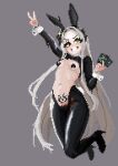 1girl animal_ears black_hiphighs black_shoes black_shrug blush breasts commentary english_commentary fake_animal_ears fake_tail goddess_of_victory:_nikke green_eyes grey_background grey_hair grin heart_maebari heart_pasties high_heels highres hiphighs holding horlof horns leviathan_(nikke) long_hair maebari navel pasties pixel_art pubic_tattoo rabbit_ears rabbit_tail reverse_bunnysuit reverse_outfit shoes shrug_(clothing) small_breasts smile solo tail tattoo v 