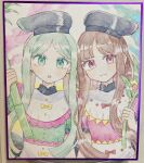  2girls apron bamboo black_hat blush brown_hair closed_mouth commentary dress green_dress green_eyes green_hair hat highres holding holding_plant long_hair looking_at_viewer mozukuzu_(manukedori) multiple_girls myouga_(plant) nishida_satono open_mouth photo_(medium) pink_dress plant purple_eyes shikishi short_hair_with_long_locks smile tate_eboshi teireida_mai touhou traditional_media upper_body waist_apron 