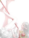  1girl absurdres bare_arms bare_legs bare_shoulders barefoot closed_mouth commentary dress earrings elf expressionless feet_up frieren full_body green_eyes head_tilt highres holding holding_staff jewelry legs_up long_hair looking_at_viewer lying mage_staff off_shoulder on_back parted_bangs pointy_ears ronuma solo sousou_no_frieren staff teardrop_earrings thick_eyebrows untranslatable_commentary white_dress white_hair 