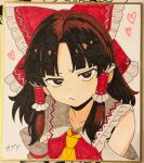  1girl artist_name ascot bow brown_eyes brown_hair closed_mouth commentary_request detached_sleeves frilled_bow frilled_hair_tubes frills frown hair_bow hair_tubes hakurei_reimu heart highres kapuri_(capuriwa) korean_commentary long_hair looking_at_viewer red_bow ribbon-trimmed_sleeves ribbon_trim shikishi signature solo touhou traditional_media upper_body yellow_ascot 
