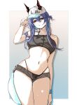  1girl arknights baseball_cap bikini bikini_under_clothes black_bikini black_shorts blue_hair border ch'en_(arknights) ch'en_(summer)_(arknights) clothes_writing commentary_request cowboy_shot dragon_girl dragon_horns folded_ponytail hair_between_eyes hand_on_headwear hat highres horns horns_through_headwear long_hair looking_at_viewer micro_shorts navel outside_border red_eyes renka_(renxka) shorts simple_background solo swimsuit thighs wet white_border white_hat 