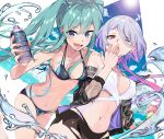  2girls aqua_eyes aqua_hair bikini black_bikini black_jacket blue_sky blush bottle breasts character_request cloud commentary_request copyright_request day eyelashes fang food hair_over_one_eye hand_on_another's_shoulder highres holding holding_bottle holding_food holding_ice_cream holding_ice_cream_cone ice_cream ice_cream_cone jacket multicolored_hair multiple_girls nagamine_ao navel off_shoulder open_clothes open_jacket open_mouth pink_hair purple_hair red_eyes short_hair short_hair_with_long_locks sidelocks sky smile stomach sun swimsuit teeth twintails two-tone_hair water water_bottle 