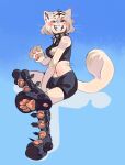 1boy animal_ears animal_hands artist_name black_boots black_collar black_shorts black_vest blonde_hair blue_background blue_eyes blush bob_cut boots cat_boy cat_ears cat_paws cat_tail collar full_body grin happy highres knee_boots male_focus molokomyau original pawpads shirt short_hair shorts smile spiked_collar spikes striped_hair tail teeth vest 
