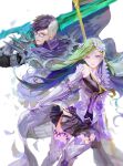  1boy 1girl absurdres armor armored_boots armored_dress black_hair blue_eyes blue_hair boots brynhild_(fate) brynhild_(third_ascension)_(fate) brynhild_romantia commentary daeraeband dress fate/grand_order fate_(series) flower gauntlets glasses gram_(fate) green_eyes hair_flower hair_ornament highres holding holding_polearm holding_sword holding_weapon long_hair looking_at_viewer multicolored_hair pleated_skirt polearm purple_eyes sigurd_(fate) skirt spear spikes sword thighhighs two-tone_hair weapon white_background 
