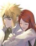  1boy 1girl blonde_hair blush commentary_request couple forehead_protector highres hokage hug hug_from_behind husband_and_wife konohagakure_shinobi_uniform konohagakure_symbol long_hair namikaze_minato naruto_(series) naruto_shippuuden oishiiudon1240 red_hair smile spiked_hair uzumaki_kushina 